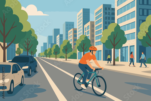 Trees city scene side illustration urban vector daylight cycling modern along shadows