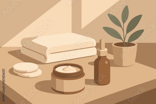 Vector shadows gentle towel wellness minimalist illustration including abstract skincare essentials jar
