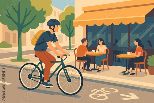 Markings vector person cycling sidewalk casual scene café illustration past urban along