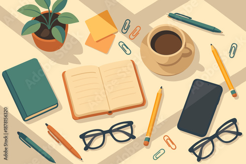 Sticky essentials vector coffee scattered illustration desk ensemble plant creating potted pencils