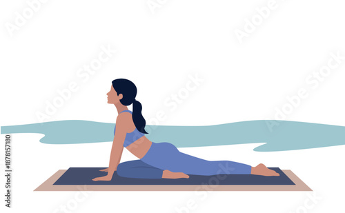 Woman stretching on yoga mat by the sea – seaside wellness pose illustration
