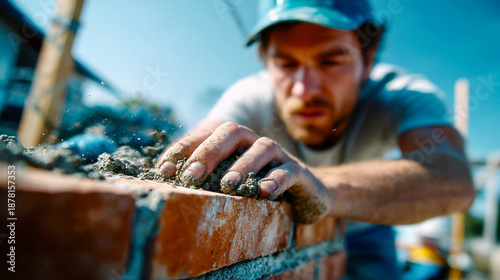 Skilled craftsman expertly lays bricks under a bright sky in a bustling construction site