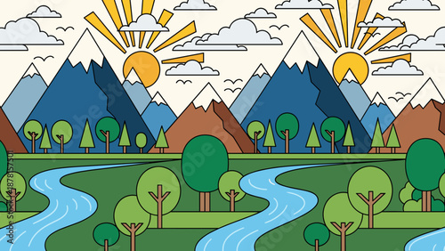 A serene landscape with a winding river and trees in a valley under sunny skies with mountains