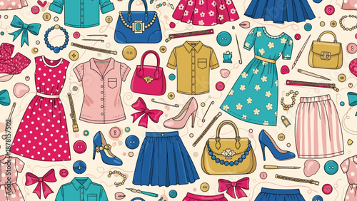 Colorful fashion accessories and clothing items arranged in a playful pattern on beige background