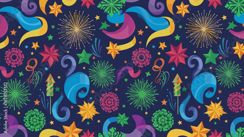 Vibrant colorful fireworks and stars pattern on dark blue background for festive designs