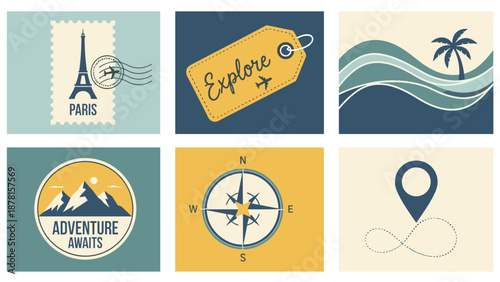 Collection of travel icons with stamps and compass on various backgrounds for adventure awaits