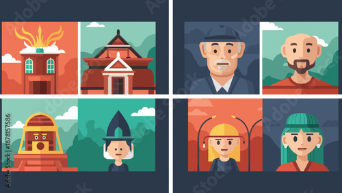 Collection of cartoon characters and fantasy buildings in various scenes together