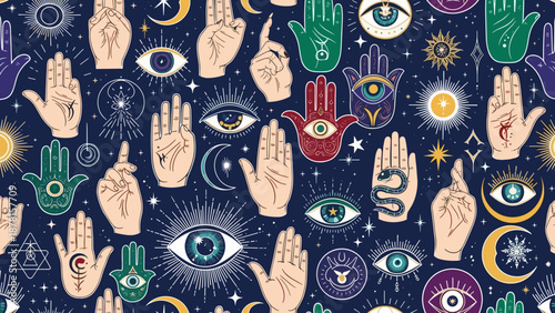 A mystical pattern featuring various hands, eyes, moons, and stars on a dark blue background