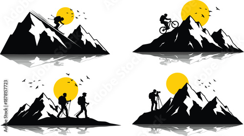 Minimalist mountain adventure illustration set with hikers, cyclist, skier and photographer silhouettes against yellow sun, outdoor exploration concept, modern black and white vector art