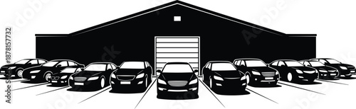 Minimalist black and white car dealership illustration with modern showroom, parked vehicles and automotive business concept, vector silhouette style, transportation industry background