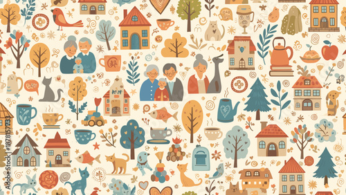 Whimsical autumnal pattern with houses, trees, animals, and people in a colorful design