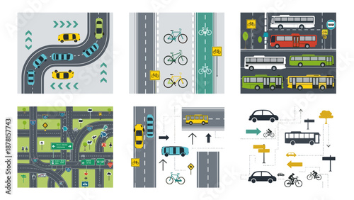 Collection of various road and transportation illustrations with vehicles and bike lanes