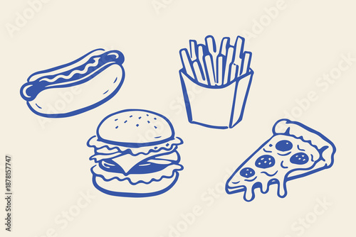 Fast food burger pizza hotdog fries doodle vector illustration