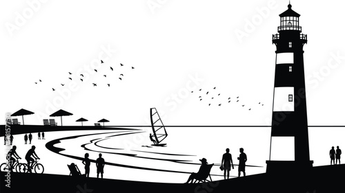 Minimalist black and white beach illustration with lighthouse, seaside silhouettes, windsurfing, cycling, birds and coastal leisure scene, modern vector art background