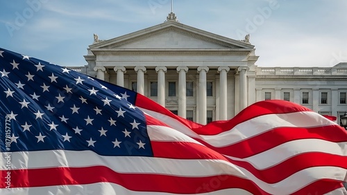Patriotic Presidents Day celebration concept featuring symbolic neoclassical architecture American flag balanced copyspace timeless national holiday background professional commercial design