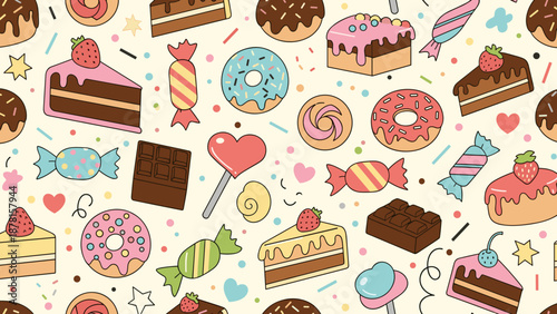 Colorful candy and dessert pattern with sweet treats on cream background