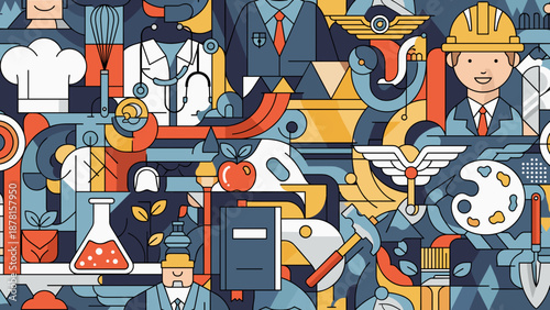 Vibrant illustration of various professions and objects in a colorful collage style