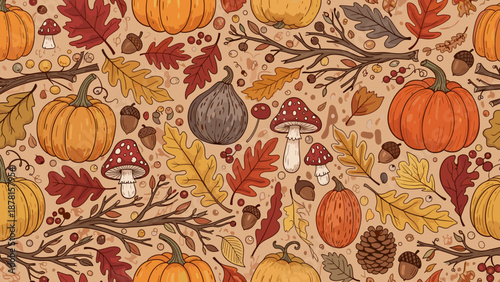 Vibrant autumnal pattern featuring pumpkins, leaves, mushrooms, and nuts on a brown background