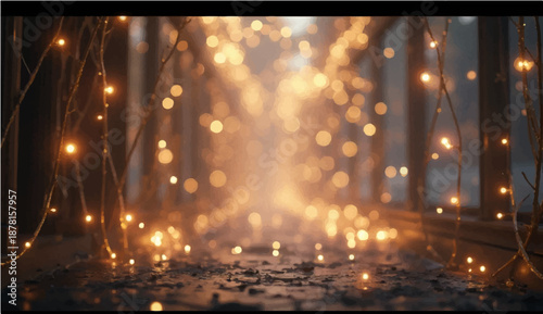 A bright golden star glows above a festive Christmas tree decorated with glittering lights amidst the night city celebration of a new year holiday party