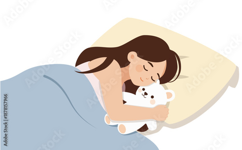 Cute girl hugging plush toy while sleeping, she sleeping peacefully under a blue blanket on her pillow