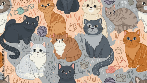 Colorful illustration of multiple cats and kittens in various poses and colors together