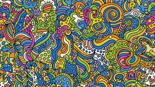 Vibrant colorful abstract background with swirling patterns and shapes in various hues