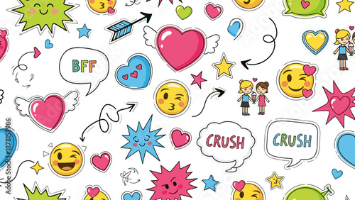 Colorful illustration of various cute emojis and symbols on with hearts and love