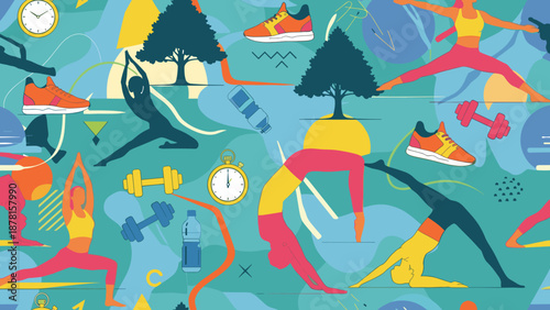 Vibrant illustration of people exercising outdoors with fitness equipment on a colorful background