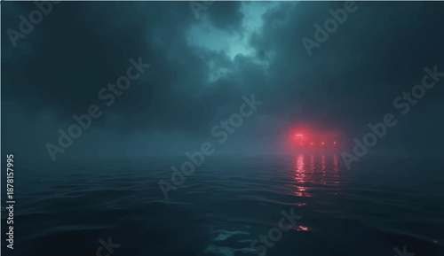 Dark storm clouds and thick fog swirl over the city landscape creating an abstract nature backdrop of wind and rain under a heavy cloudscape