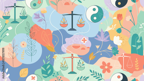 Vibrant illustration of scales, flowers, and yin yang symbols in a colorful abstract design