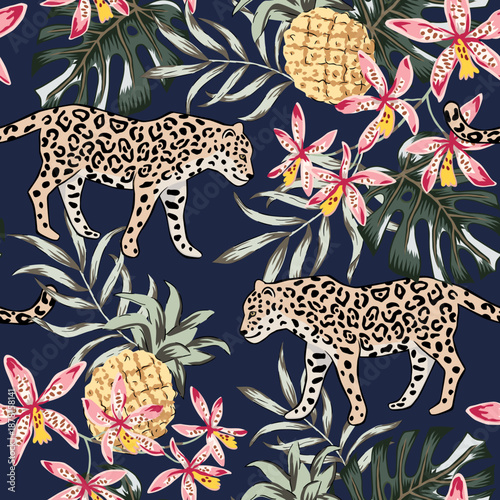 Tropical leopard animals, orchid flowers, palm leaves, pineapples fruits, dark blue background. Seamless pattern. Vector illustration. Exotic plants. Summer beach design. Paradise nature