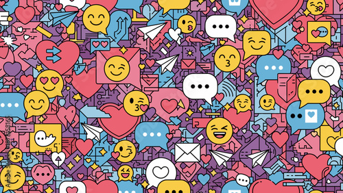 Colorful pattern of various emojis and social media icons on a vibrant background