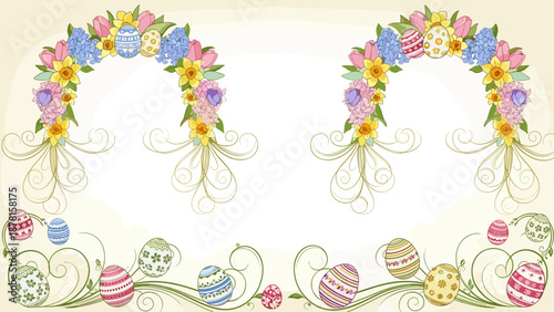 Easter floral wreaths and decorated eggs on a cream background with ribbons and bows