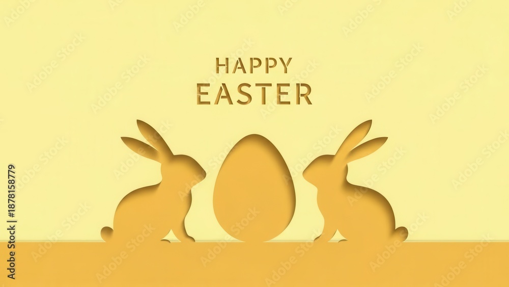 Obraz premium Happy Easter greeting with paper cut bunny silhouettes and central egg in yellow monochrome. Elegant 3D papercut style for holiday card, commercial promotion and festive marketing design.