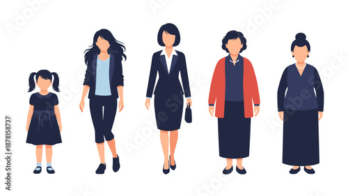Diverse Generations of Women Represented in Flat Vector Design Family Lineage