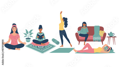 Women Embrace Relaxation: Self-Care and Wellness Activities at Home Illustration