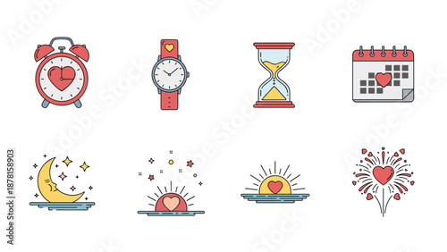 Time and Love: Cute Icon Set for Planning Reflection and Romantic Moments