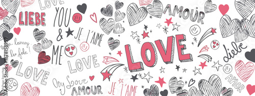 Seamless vector pattern with text labels and world travel symbols featuring heart signs and passion messages for a holiday tourism sticker illustration