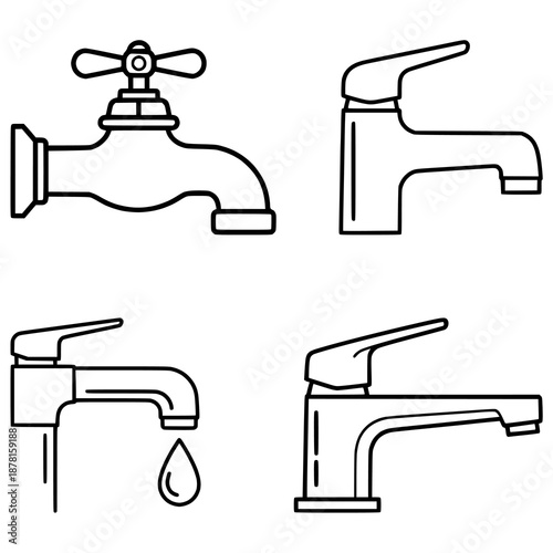 Set of four icons representing different types of water faucets and taps for plumbing and home improvement projects