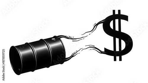 Oil A black oil barrel pouring oil into a large dollar sign on a white background