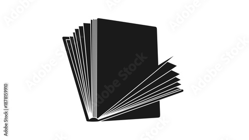 An elegant black and white illustration depicts an open book with fanning pages, suggesting knowledge and storytelling.