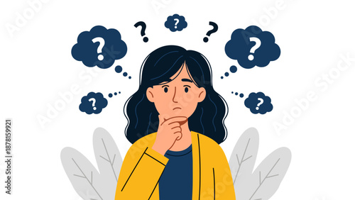 A thoughtful young woman with dark hair gazes upwards, surrounded by numerous question marks in thought bubbles, indicating deep contemplation.