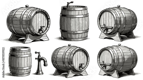 A collection of six intricately drawn wooden barrels and casks, some with taps, suggesting various liquid storage.