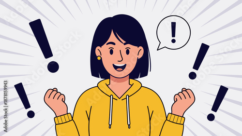 An ecstatic young woman with her fists clenched in excitement, surrounded by exclamation marks, signifying great success.