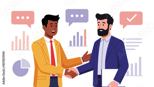 Two diverse businessmen shake hands confidently, surrounded by business charts and graphs, symbolizing a successful partnership.