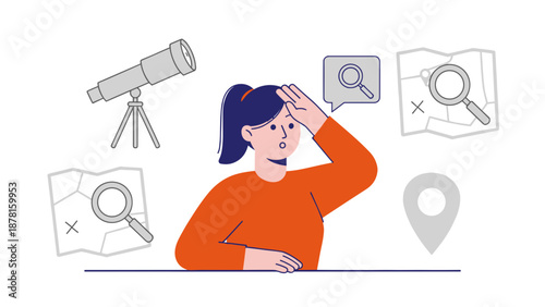 A focused young woman shades her eyes, surrounded by a telescope, maps, and magnifying glasses, actively seeking information.