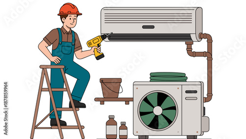 A skilled technician in a hard hat and overalls repairs an air conditioning unit from a ladder indoors.