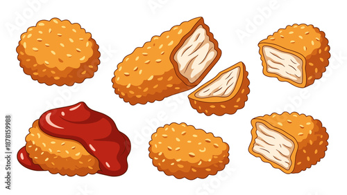 A collection of various cartoon-style chicken nuggets, some whole, some cut open, and one with a blob of ketchup.