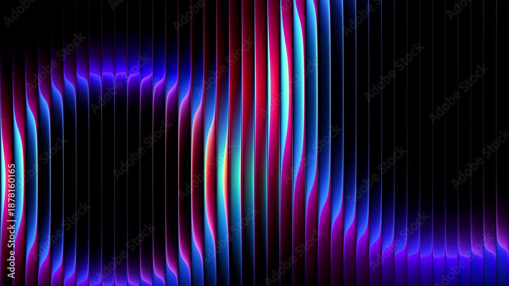 Futuristic smooth neon rings in rotational motion through ribbed glass ...