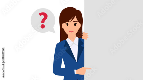 A professional businesswoman in a blue suit peeks from behind a large blank white sign, with a red question mark hovering above her head, indicating inquiry or presentation.